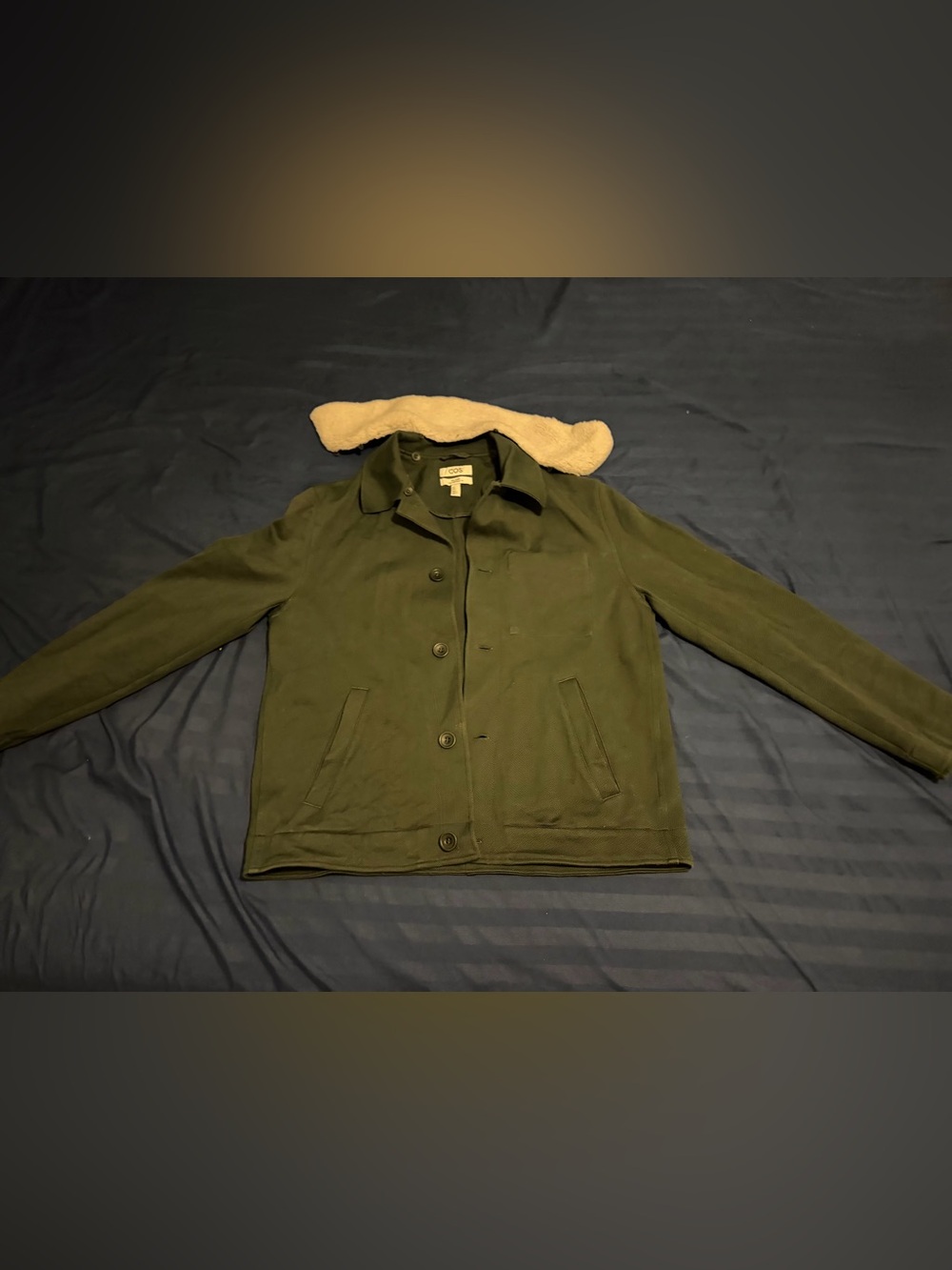 COS Men's Olive Green Button-Up Jacket with Removable Shearling Collar